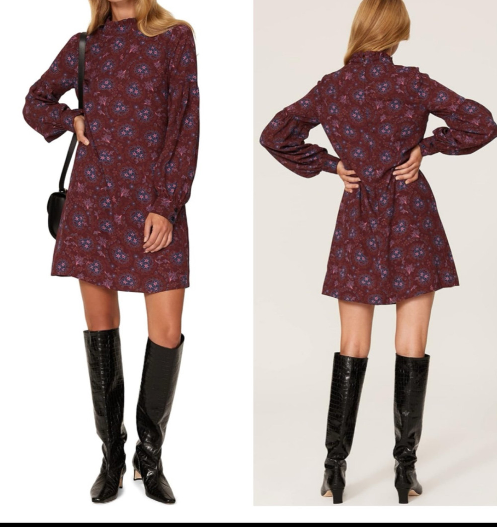 Derek Lam Burgandy red floral high neck crepe dress Sz 40 Retro Mod Boho Grunge